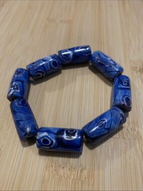 Vintage West Germany Blue Glass Cylinder Bead Stretch Bracelet unisex